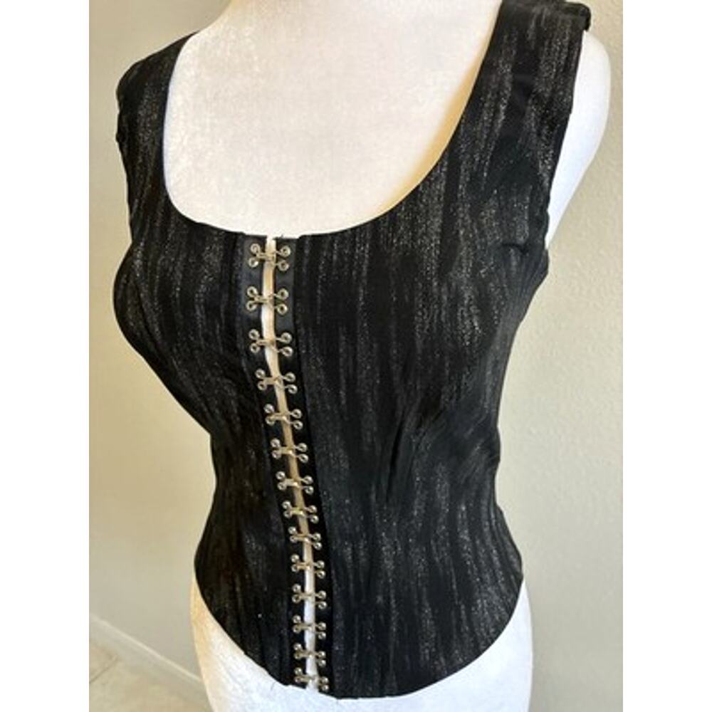 VTG 90s Bebe Corset Hook & Eye Bustier Vest Structure Black Silver Metallic XS